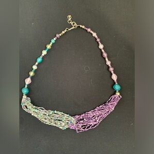Vintage GLASS GREEN PURPLE BEADS SEAD BEAD KNOT NECKLACE